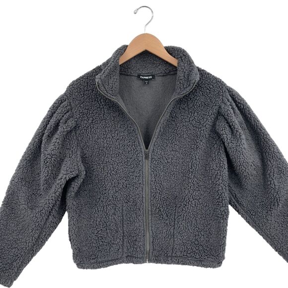 Express Jacket Womens Small Gray Sherpa Faux Long Sleeve Mock Neck Full Zip - Picture 10 of 14